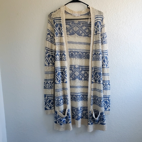Pink Republic Ivory Blue Aztec Print Open Front Cardigan Sweater Layering Hobo - Picture 1 of 6